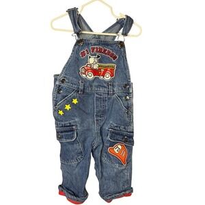 Vintage Kids Denim Overalls 18M FireDog‎ Firetruck Stars Red Trim Y2K Firemen